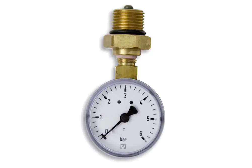 Manometer zur Druckmessung mit einer Skala bis 6 bar. Das Produkt stammt von der Marke Roth und ist für industrielle Anwendungen geeignet.